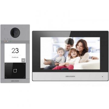 Kit d&#39;interphone vidéo IP Hikvision DS-KIS604-P(C) : 1 bouton, écran 7 pouces, Wi-Fi, PoE, lecteur Mifare, interphone vidéo
