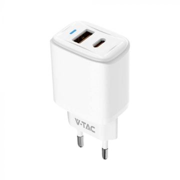 V-TAC VT-3530 chargeur adaptateur de voyage USB 20W 1 PD+1 QC Blanc - 23580 V-TAC VT-3530 chargeur adaptateur de voyage USB 20W 1 PD+1 QC Blanc - 23580