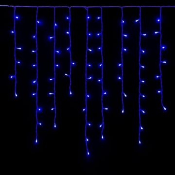 Rideau lumineux LED ETTROIT 200, 5 m, lumière bleue, câble blanc, IP65, extensible, effet flash, avec fils suspendus de longueurs alternées (30-70-40-60 cm) pour un effet cascade