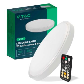 Plafonnier LED rond V-TAC 18 W avec télécommande et détecteur de mouvement à micro-ondes, blanc 3000 K, IP44 – Réf. 76591