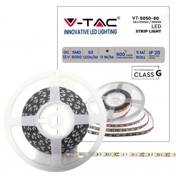 Bande LED V-TAC SMD5050 11 W/m 5 m 60 LED/m 12 V lumière chaude 3000 K IP20 10 mm – Réf. 212122