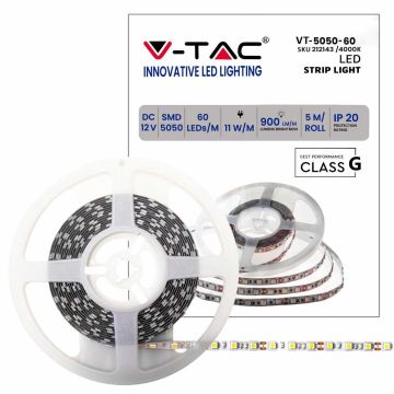 Bande LED V-TAC SMD5050 11 W/m 5 m 60 LED/m 12 V 4000 K IP20 10 mm – Réf. 212143