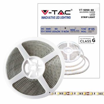 V-TAC VT-5050 Bande 300 LED SMD 5050 bande 5Mt 11W/mt IP65 60led/mt 12v Blanc Naturel 4000K - 212150