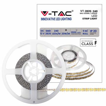 V-TAC VT-2835 bande led STRIP 240led/mt 20W/mt SMD2835 5Mt 2000lm/mt 12V Haute luminosité sku 212166 6400k