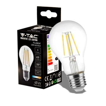 V-Tac VT-1887 Lampe ampoule LED 6W filament E27 A60 4500K 300° 600LM - 214303