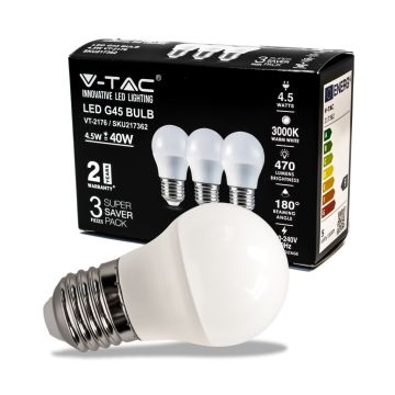 V-TAC VT-2176 Ampoule LED mini globe E27 4,5W G45 lumière blanche naturelle 4000K (Boîte 3 pièces) - sku 217363 V-TAC VT-2176 Ampoule LED mini globe E27 4,5W G45 lumière blanche naturelle 4000K (Boîte 3 pièces) - sku 217363
