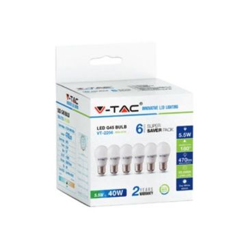 KIT Super Saver Pack V-TAC VT-2256 6PCS/PACK Ampoule LED Mini Globe G45 5,5W E27 blanc chaud 2700K - sku 2730 KIT Super Saver Pack V-TAC VT-2256 6PCS/PACK Ampoule LED Mini Globe G45 5,5W E27 blanc chaud 2700K - sku 2730