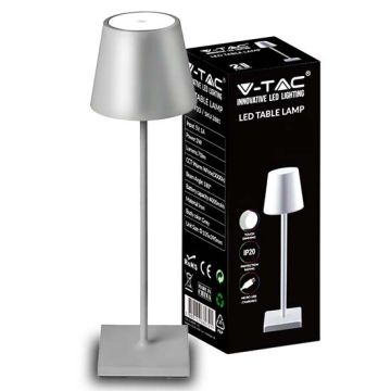 V-TAC VT-7703 Lampe de table LED 3W blanc naturel 4000K avec batterie 4000mA bouton ON/OFF dimmable tactile couleur argent IP20 - SKU 2882