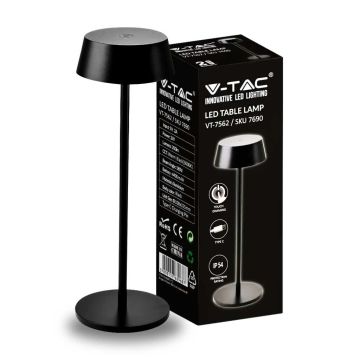 V-TAC VT-7562 Lampe de Table LED couleur noire 2W en Aluminium rechargeable par USB avec Dimmable Touch IP54 3000K sku 7690