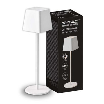 V-TAC VT-7563 Lampe de table LED 2W blanc chaud 3000K avec batterie 4400mA bouton ON/OFF dimmable tactile couleur blanc IP54 - SKU 7691
