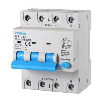 Disjoncteur différentiel dispositif de protection 3P+N 63A 4.5kA 30mA 380V 4 Modules DIN Ettroit JXB1L-63-3P+N-63A