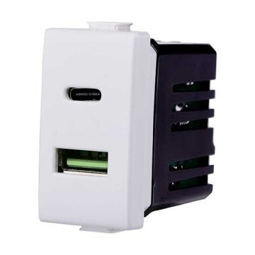 Double prise chargeur USB 2IN1 Type-A + Type-C compatible avec Bticino Matix 5Vdc 3.1A couleur blanche MT3002