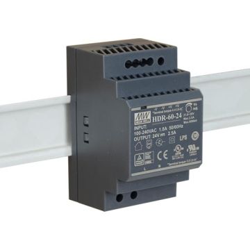 MeanWell HDR-60-24 Alimentation ultra-mince pour montage sur rail DIN sortie unique 60W 24V 2.5A