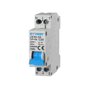 Interrupteur thermique magnétique 1P+N 20A 220V 45Ka 1 module DIN Ettroit JX152040