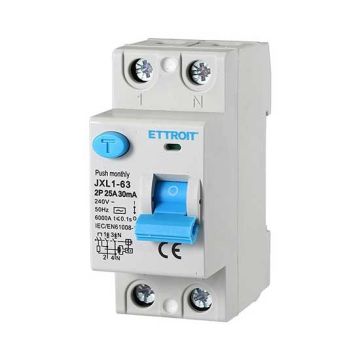 ETTROIT Disjoncteur à courant résiduel pur 2P 25A 6kA 30mA 220V Lifesaver 2 modules DIN Ettroit JX322561