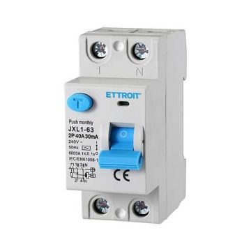 ETTROIT Disjoncteur à courant résiduel pur 2P 40A 6kA 30mA 220V Lifesaver 2 modules DIN JX324061
