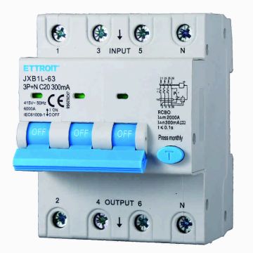 ETTROIT JX262068 Disjoncteur différentiel 3P+N 20A 300mA 380V-6KA CLASSE A