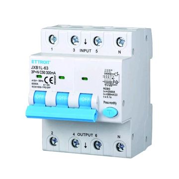 Disjoncteur différentiel 3P+N 50A 6kA 300mA 380V occupe 4 modules DIN Ettroit JX265063