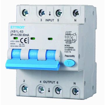 ETTROIT JX265064 Disjoncteur différentiel 3P+N 50A 30mA 380V-6KA CLASSE A
