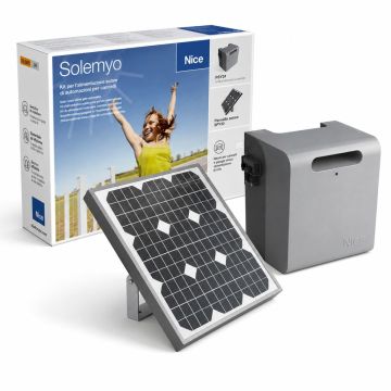 Kit solaire photovoltaïque Nice Solemyo 24V pour l&#39;automatisation de portails et de portes de garage, avec panneau SYP et batterie PSY24 SYKCE