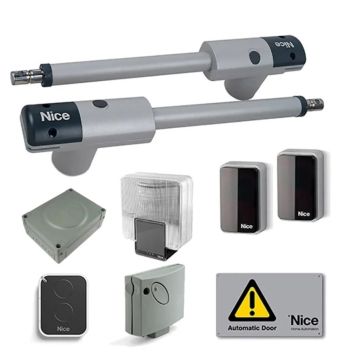 Kit d&#39;automatisation pour portail battant Nice TOO4500KCE 230V, compatible avec les portails jusqu&#39;à 4,5 m de hauteur et 250 kg, avec cellules photoélectriques et feu clignotant.