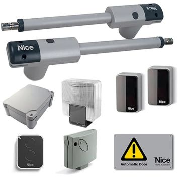 Kit d&#39;automatisation pour portail battant Nice TOO3000KCE 230V, pour portails jusqu&#39;à 3 m de hauteur et 300 kg, avec cellules photoélectriques et feu clignotant.