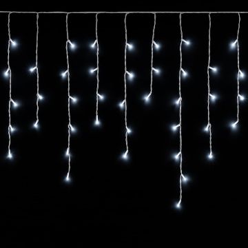 Rideau lumineux ETTROIT 120 LED, 3 m, lumière blanche, câble blanc, IP65, extensible, effet flash, avec fils suspendus de longueurs alternées (30–70–40–60 cm) pour un effet cascade, guirlande de Noël