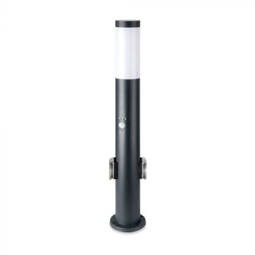Poteau de lampe de jardin V-TAC E27 60 cm avec 2 prises Schuko et détecteur de mouvement couleur gris IP44 - 8976