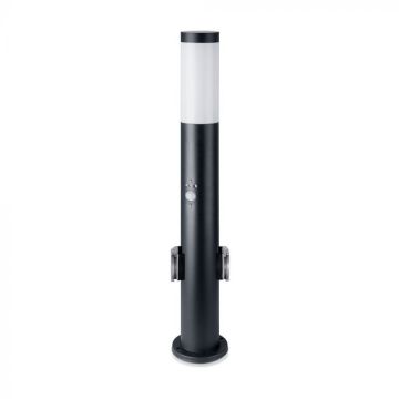 V-TAC Borne de Jardin LED 60 cm Douille E27 + 2 Prises Schuko et Détecteur de Mouvement Noir IP44