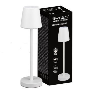 V-TAC Lampe de table LED 3W alimentée par batterie rechargeable couleur blanche USB C Touch Dimmable 3000K lampe de table de restaurant intérieur IP20 - 10191