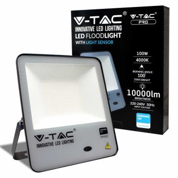 V-TAC PRO VT-117 Projecteur LED 100W avec capteur de lumière chip samsung smd Haute Lumens blanc neutre 4000K corps slim noir IP65 - SKU 20176