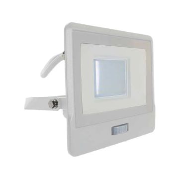 V-TAC VT-138S-1 Projecteur led chip samsung 30W avec capteur de mouvement PIR et capteur crépusculaire 4000K slim aluminium blanc IP65 - SKU 20299