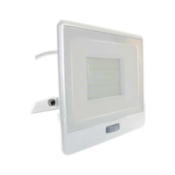 V-TAC VT-158S-1 Projecteur led chip samsung 50W avec capteur de mouvement PIR et capteur crépusculaire 6500K slim aluminium blanc IP65 - SKU 20303