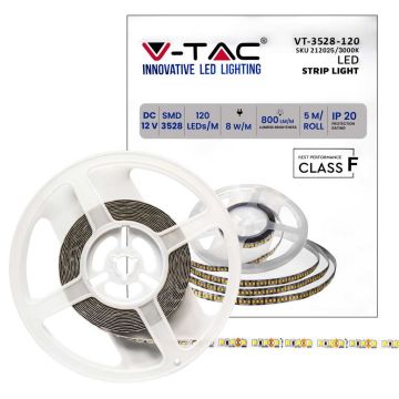 V-TAC VT-3528 bande LED 600LED 3528 bande 5Mt 8W/mt lumière blanche chaude 3000k 8mm 120led/mt IP20 sku 212025