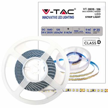 V-TAC VT-2835 630LED strip 24V 8W/mt SMD2835 137lm/w 5Mt 6500K cold white IP20 - SKU 212595