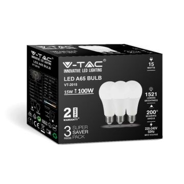 V-TAC VT-2015 Ampoule LED E27 SMD A65 15W E27 blanc naturel 4000k kit 3 Pièces - SKU 212820 V-TAC VT-2015 Ampoule LED E27 SMD A65 15W E27 blanc naturel 4000k kit 3 Pièces - SKU 212820