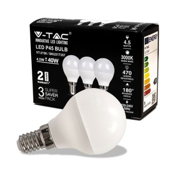 V-TAC kit 3PCS/PACK Mini LED Globe Bulb SMD P45 4.5W E14 Chaud Blanc 2700K 105lm/w VT-2156 - SKU 217357 V-TAC kit 3PCS/PACK Mini LED Globe Bulb SMD P45 4.5W E14 Chaud Blanc 2700K 105lm/w VT-2156 - SKU 217357