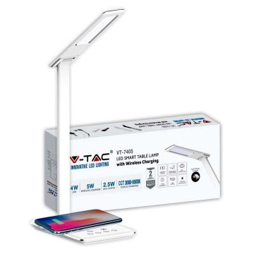 V-TAC VT-7405 Lampe de table 3 en 1 à changement de couleur tactile LED 4W dimmable avec base de chargement sans fil corps blanc - SKU 218601