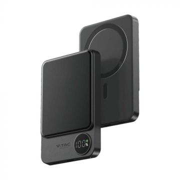 V-TAC power bank magsafe 10000Ah affichage magnétique en aluminium et chargement sans fil 20W ultra fin couleur gris - 7849