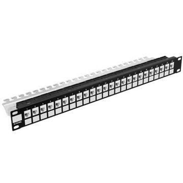 Panneau de brassage modulaire 1U 24 ports Keystone RJ-45 cat. 5e/6/6A pour Armoire rack 19" acier couleur noir RAL 9005 Panneau de brassage modulaire 1U 24 ports Keystone RJ-45 cat. 5e/6/6A pour Armoire rack 19" acier couleur noir RAL 9005