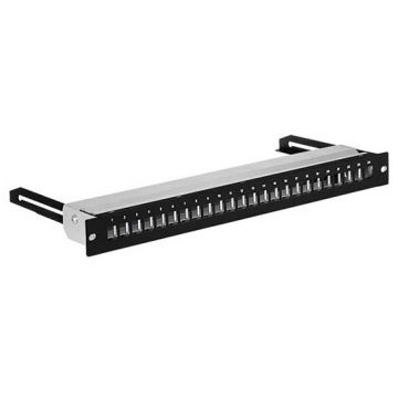 Panneau de brassage modulaire coulissant 1U 24 ports Keystone RJ-45 cat. 5e/6/6A pour Armoire rack 19" acier couleur noir RAL 9005 Panneau de brassage modulaire coulissant 1U 24 ports Keystone RJ-45 cat. 5e/6/6A pour Armoire rack 19" acier couleur noir RAL 9005