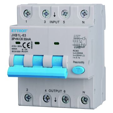 Disjoncteur ETTROIT 3P+N 6A 30mA 380V-6KA CLASSE A - JX260664