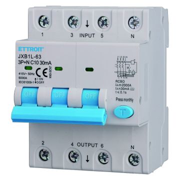 Disjoncteur ETTROIT 3P+N 10A 30mA 380V-6KA CLASSE A - JX261064