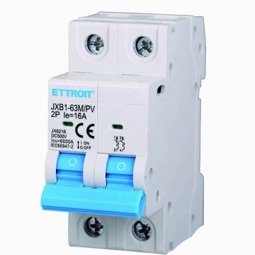 Interrupteur Thermique Magnétique Photovoltaïque 2P DC 500V 16A 6kA Occupe 2 Modules DIN Ettroit JX6216